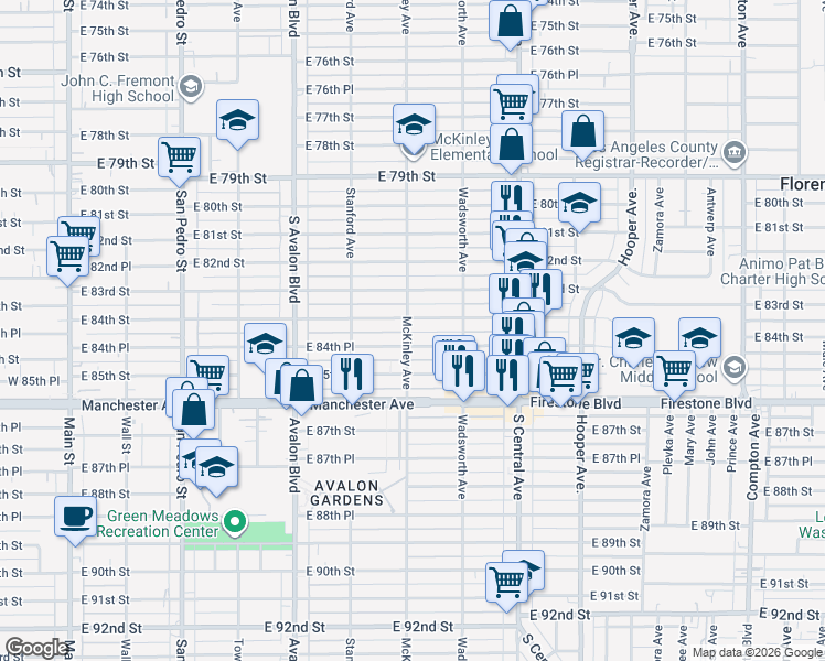 map of restaurants, bars, coffee shops, grocery stores, and more near 819 East 84th Street in Los Angeles