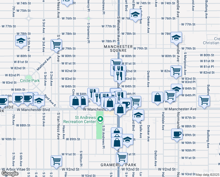 map of restaurants, bars, coffee shops, grocery stores, and more near 1834 West 84th Street in Los Angeles