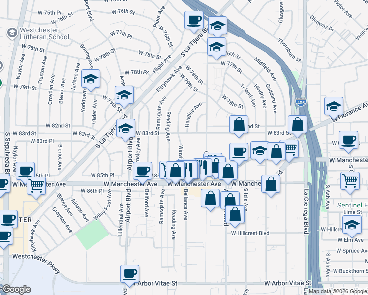map of restaurants, bars, coffee shops, grocery stores, and more near 5710 West 83rd Street in Los Angeles