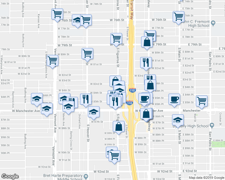 map of restaurants, bars, coffee shops, grocery stores, and more near 534 West 83rd Street in Los Angeles