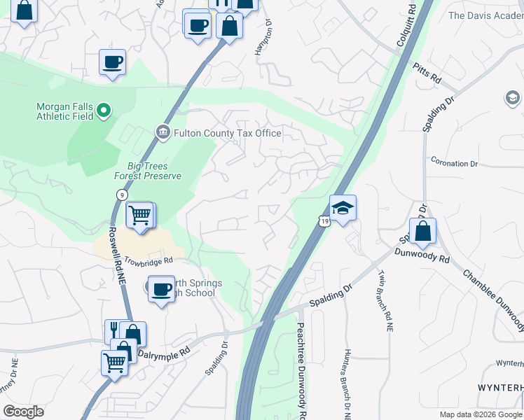 map of restaurants, bars, coffee shops, grocery stores, and more near 2704 Huntingdon Chase in Atlanta