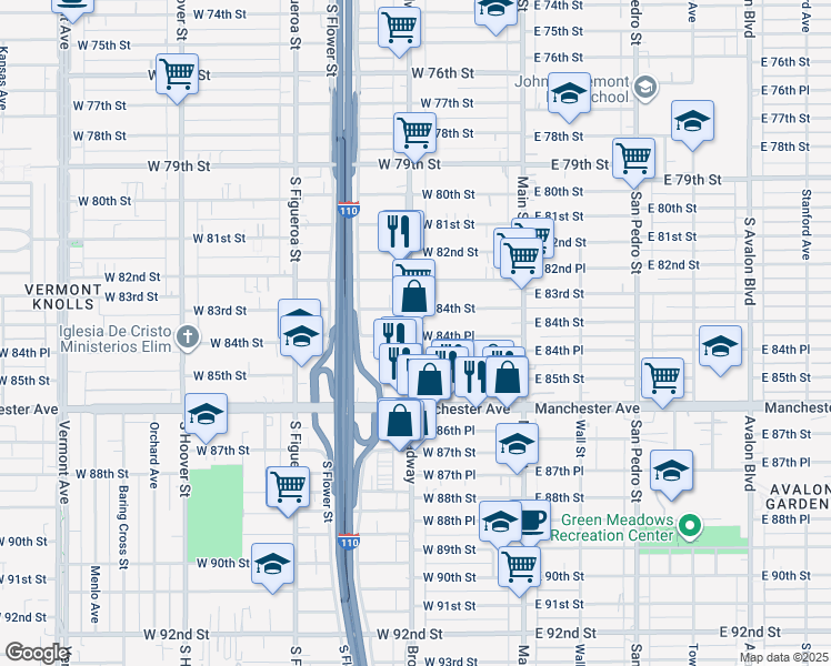 map of restaurants, bars, coffee shops, grocery stores, and more near 8408 South Broadway in Los Angeles
