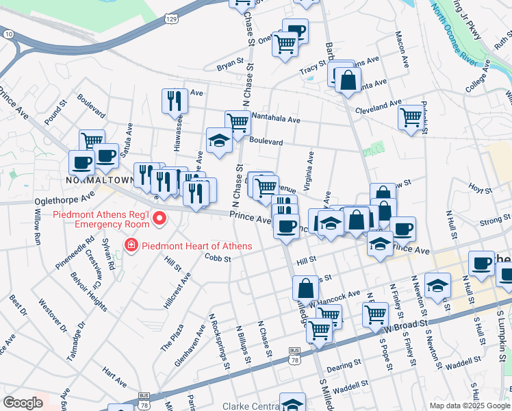 map of restaurants, bars, coffee shops, grocery stores, and more near 892 Prince Avenue in Athens