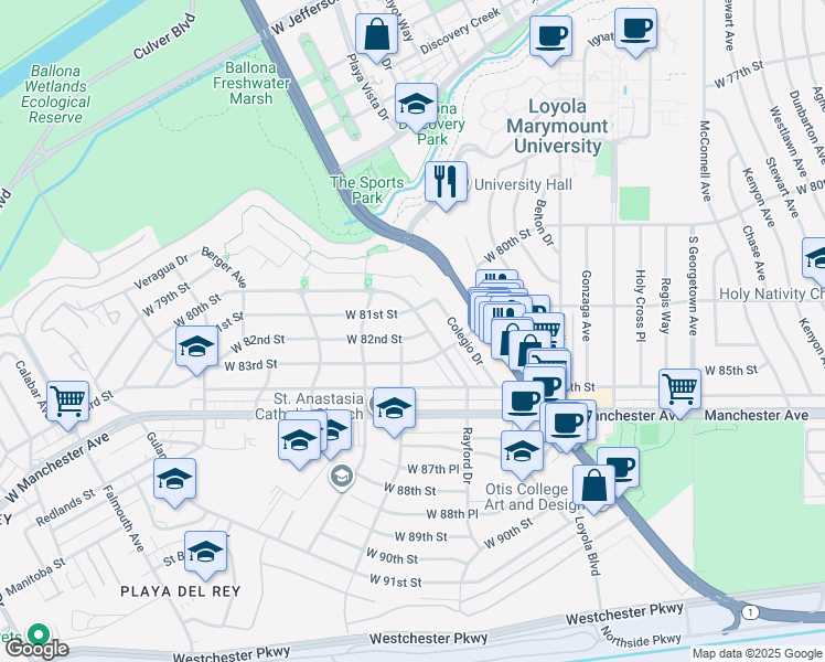 map of restaurants, bars, coffee shops, grocery stores, and more near 7360 West 81st Street in Los Angeles