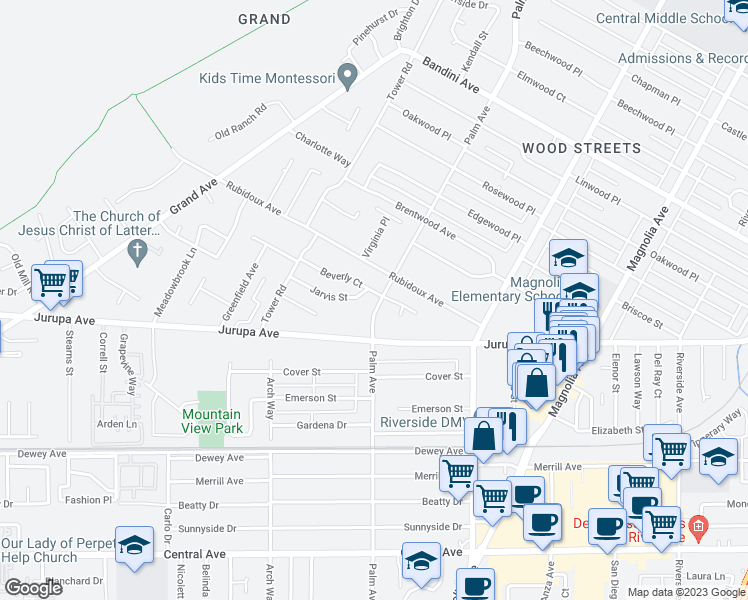 map of restaurants, bars, coffee shops, grocery stores, and more near 4514 Beverly Court in Riverside