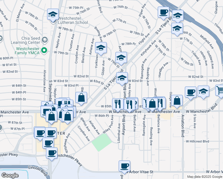 map of restaurants, bars, coffee shops, grocery stores, and more near 8337 Kittyhawk Avenue in Los Angeles