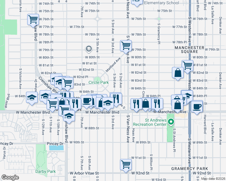 map of restaurants, bars, coffee shops, grocery stores, and more near 8317 South 3rd Avenue in Inglewood