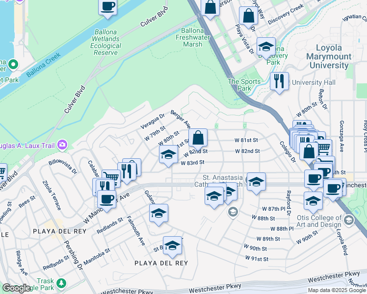 map of restaurants, bars, coffee shops, grocery stores, and more near 8012 Berger Place in Los Angeles