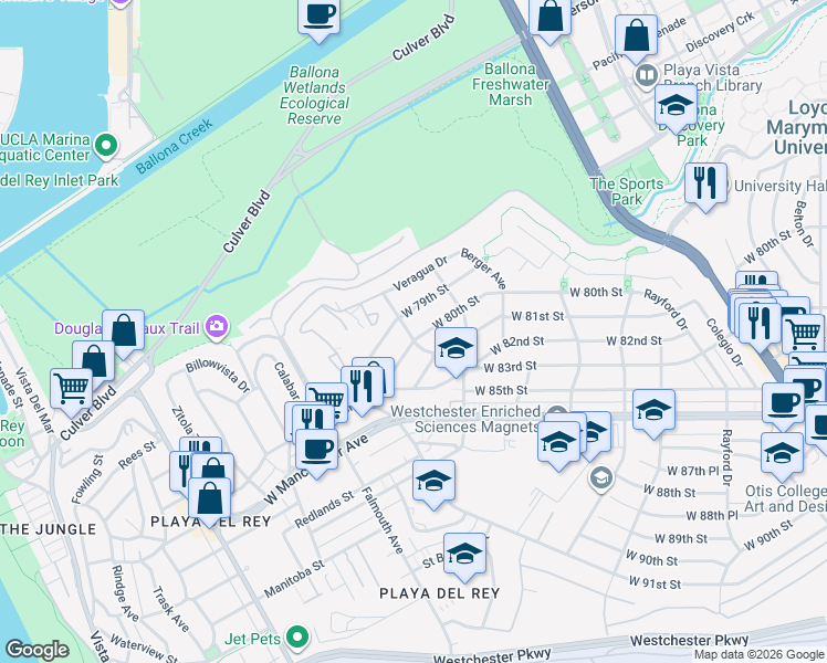 map of restaurants, bars, coffee shops, grocery stores, and more near 7831 West 80th Street in Los Angeles