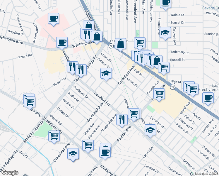 map of restaurants, bars, coffee shops, grocery stores, and more near 12938 Helmer Drive in Whittier