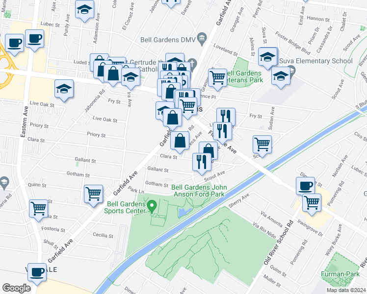 map of restaurants, bars, coffee shops, grocery stores, and more near 7573 Kress Avenue in Bell Gardens