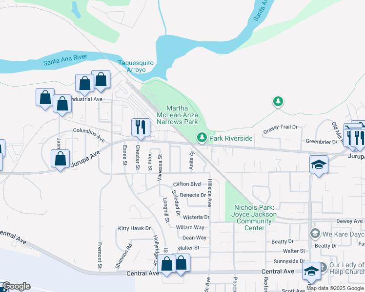 map of restaurants, bars, coffee shops, grocery stores, and more near 6018 William Street in Riverside