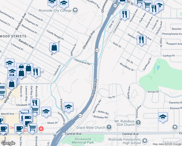 map of restaurants, bars, coffee shops, grocery stores, and more near 3120 Panorama Road in Riverside