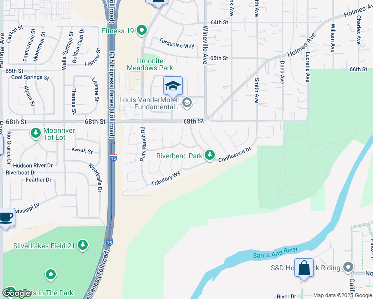 map of restaurants, bars, coffee shops, grocery stores, and more near 11899 Shallows Drive in Jurupa Valley