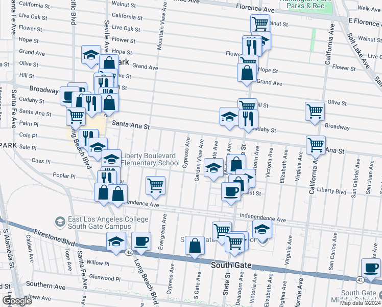 map of restaurants, bars, coffee shops, grocery stores, and more near 8133 Garden View Avenue in South Gate