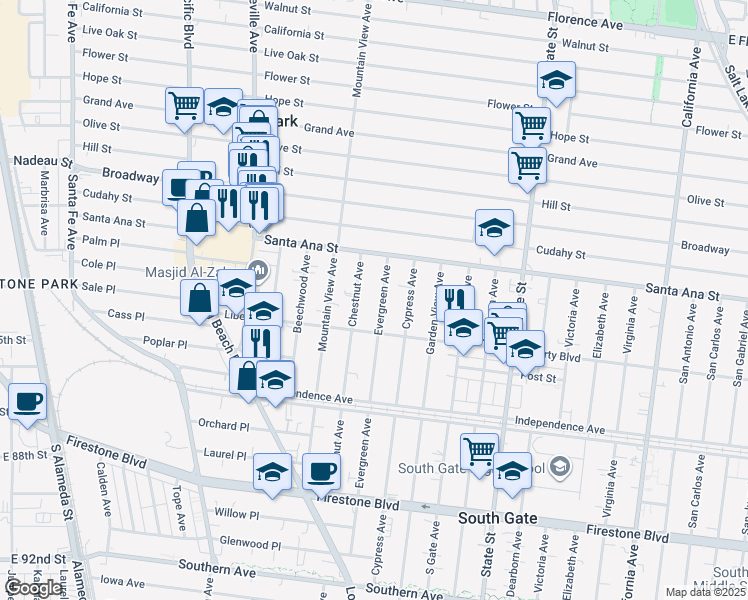 map of restaurants, bars, coffee shops, grocery stores, and more near 8140 Chestnut Avenue in South Gate