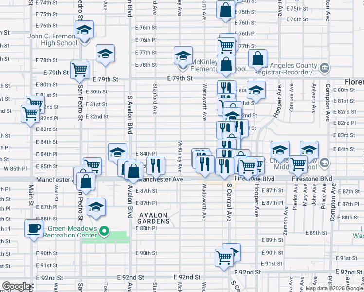 map of restaurants, bars, coffee shops, grocery stores, and more near 819 East 84th Street in Los Angeles