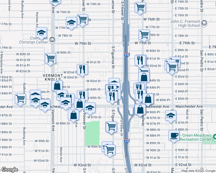 map of restaurants, bars, coffee shops, grocery stores, and more near 534 West 83rd Street in Los Angeles