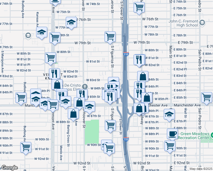 map of restaurants, bars, coffee shops, grocery stores, and more near 534 West 83rd Street in Los Angeles