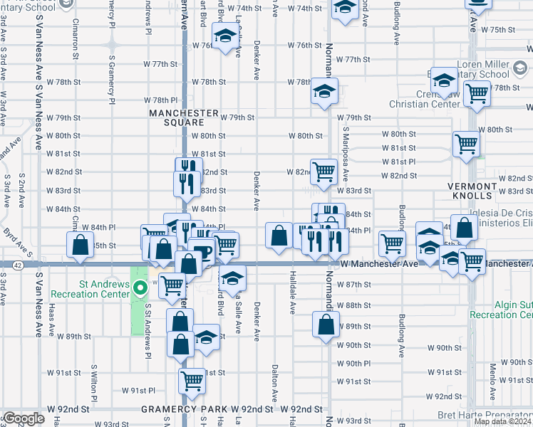 map of restaurants, bars, coffee shops, grocery stores, and more near 1529 West 84th Street in Los Angeles