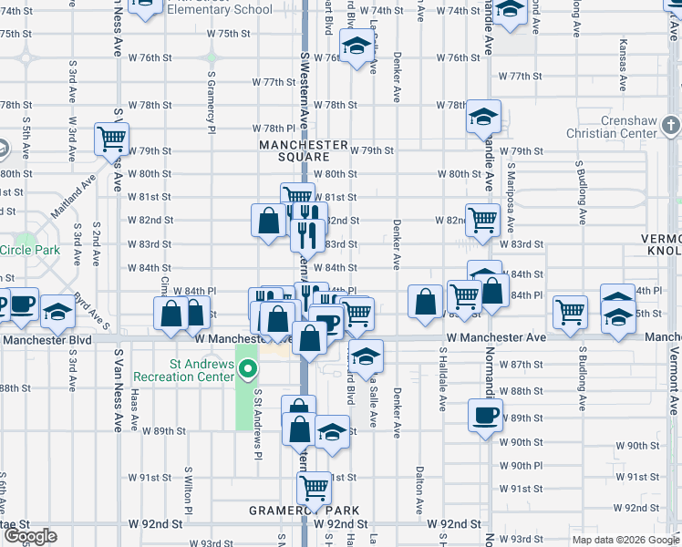 map of restaurants, bars, coffee shops, grocery stores, and more near 1733 West 84th Street in Los Angeles