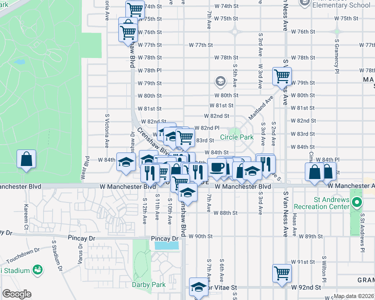 map of restaurants, bars, coffee shops, grocery stores, and more near 3012 West 83rd Street in Inglewood
