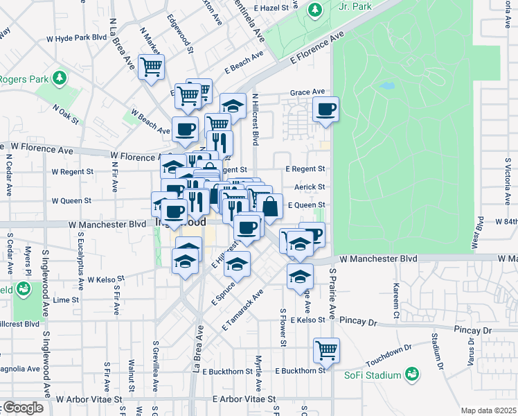 map of restaurants, bars, coffee shops, grocery stores, and more near 108 North Hillcrest Boulevard in Inglewood