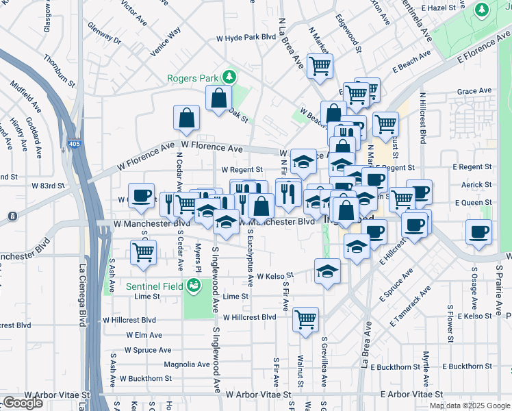 map of restaurants, bars, coffee shops, grocery stores, and more near 235 West Queen Street in Inglewood