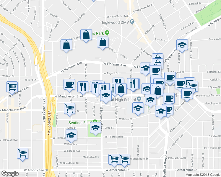 map of restaurants, bars, coffee shops, grocery stores, and more near 315 West Queen Street in Inglewood