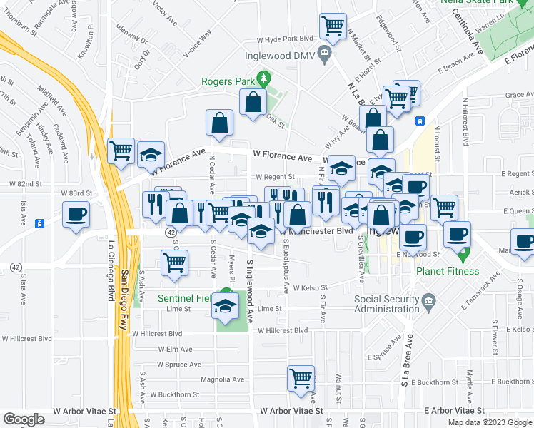 map of restaurants, bars, coffee shops, grocery stores, and more near 315 West Queen Street in Inglewood