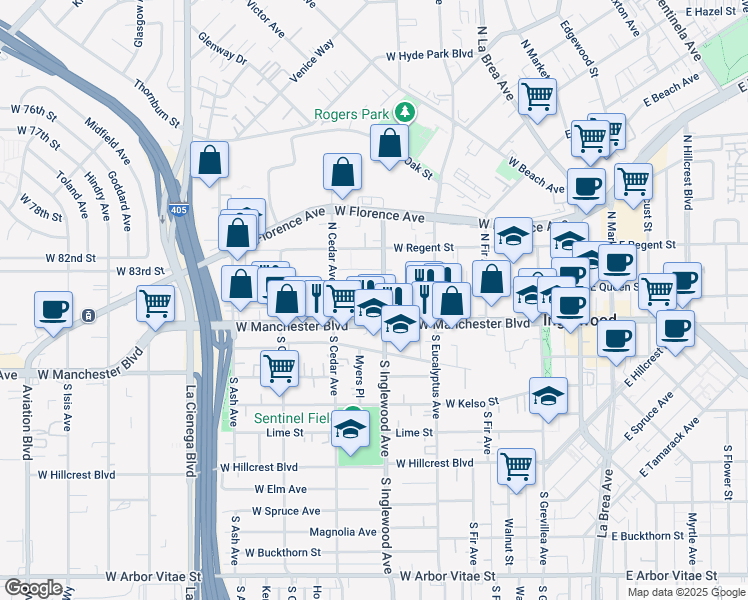 map of restaurants, bars, coffee shops, grocery stores, and more near 401 West Queen Street in Inglewood