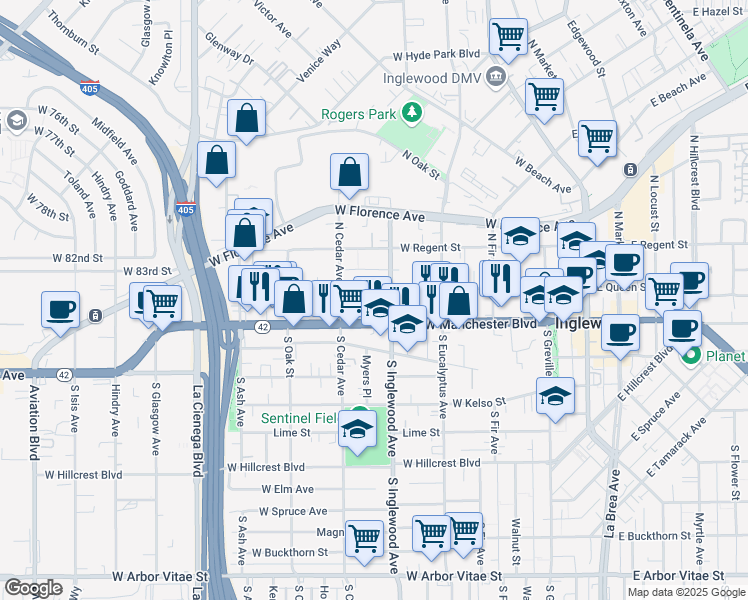 map of restaurants, bars, coffee shops, grocery stores, and more near 401 West Queen Street in Inglewood