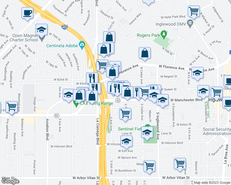 map of restaurants, bars, coffee shops, grocery stores, and more near 641 West Queen Street in Inglewood