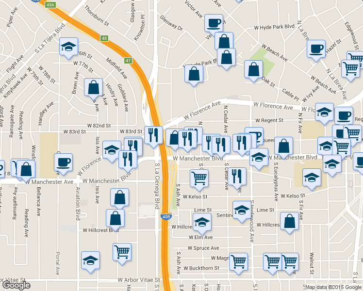 map of restaurants, bars, coffee shops, grocery stores, and more near 641 West Queen Street in Inglewood