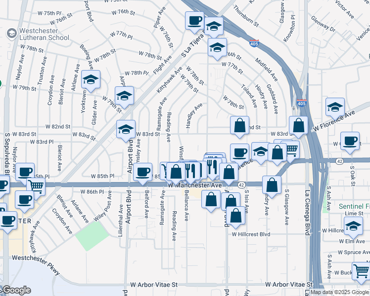 map of restaurants, bars, coffee shops, grocery stores, and more near 5710 West 83rd Street in Los Angeles