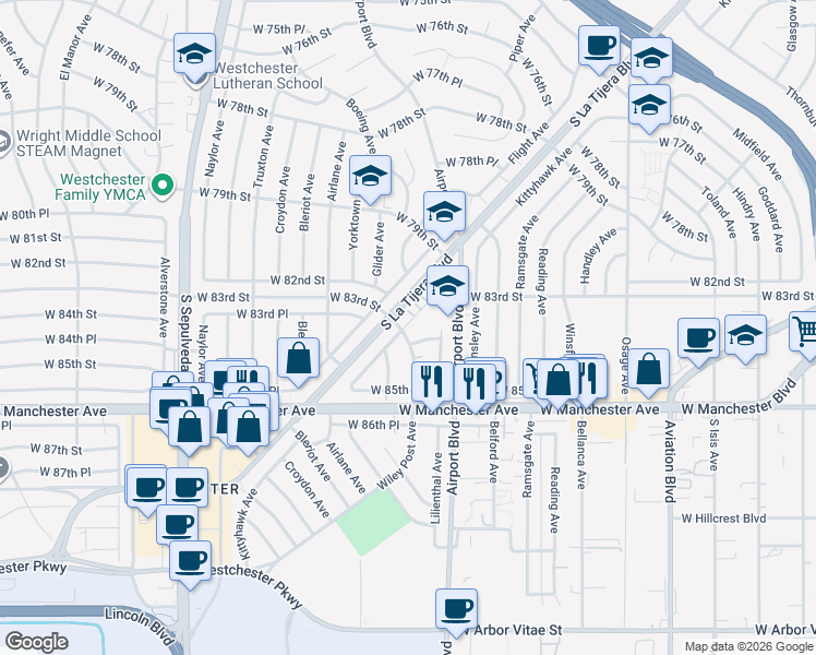 map of restaurants, bars, coffee shops, grocery stores, and more near 8337 Kittyhawk Avenue in Los Angeles