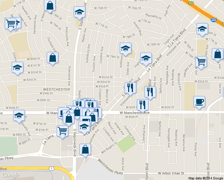map of restaurants, bars, coffee shops, grocery stores, and more near 6033 West 83rd Place in Los Angeles
