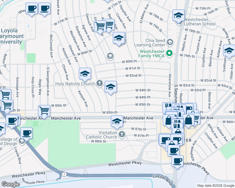 map of restaurants, bars, coffee shops, grocery stores, and more near 6567 West 84th Street in Los Angeles
