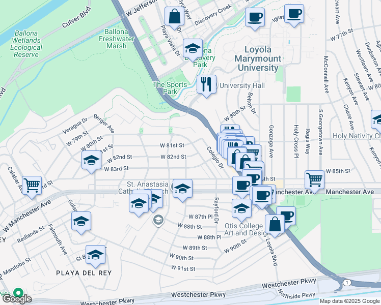 map of restaurants, bars, coffee shops, grocery stores, and more near 7360 West 81st Street in Los Angeles