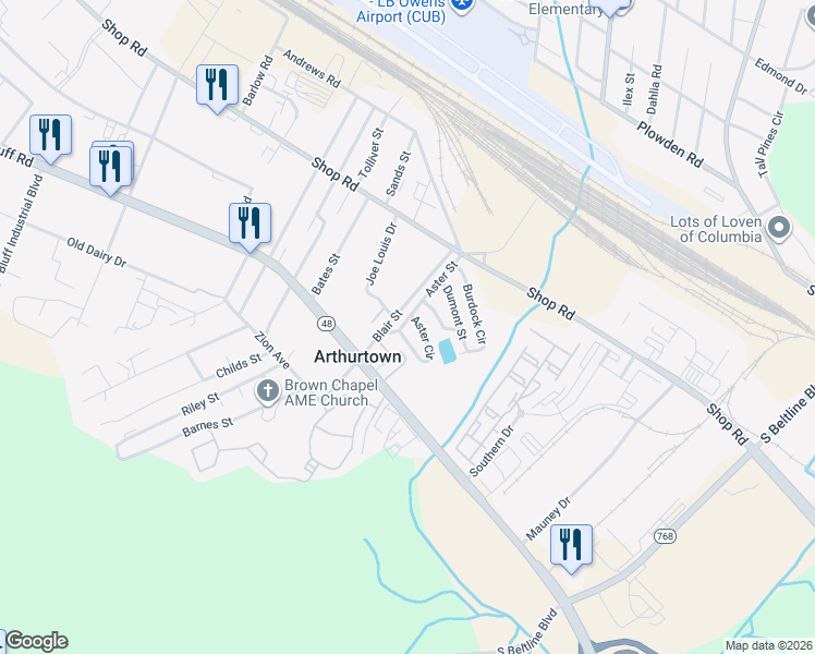 map of restaurants, bars, coffee shops, grocery stores, and more near 91 Aster Street in Columbia