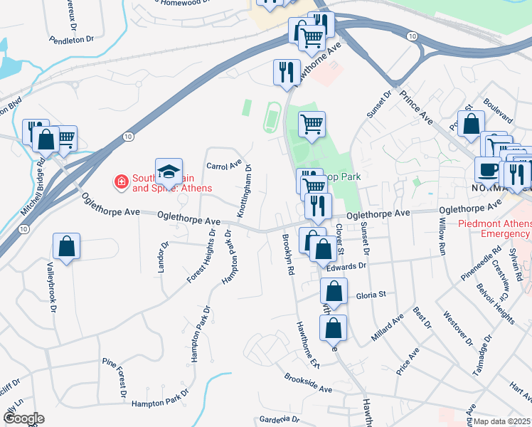 map of restaurants, bars, coffee shops, grocery stores, and more near 155 Glencrest Drive in Athens