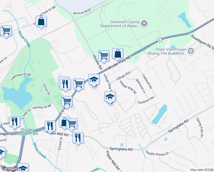 map of restaurants, bars, coffee shops, grocery stores, and more near 65 Village Way Southeast in Lawrenceville