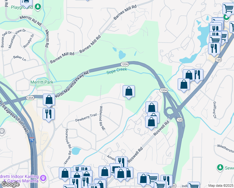 map of restaurants, bars, coffee shops, grocery stores, and more near 1591 Gresham Park Drive in Marietta