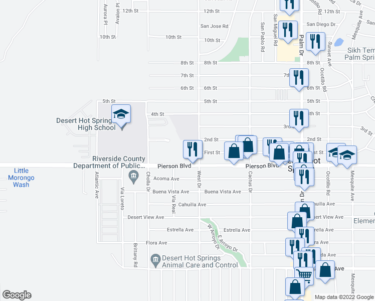 map of restaurants, bars, coffee shops, grocery stores, and more near 1st Street in Desert Hot Springs
