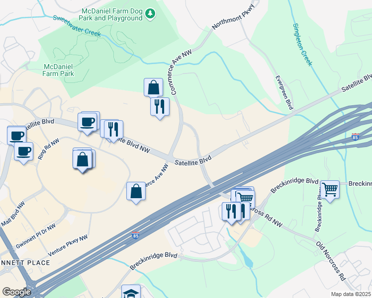 map of restaurants, bars, coffee shops, grocery stores, and more near 3175 Satellite Boulevard in Duluth