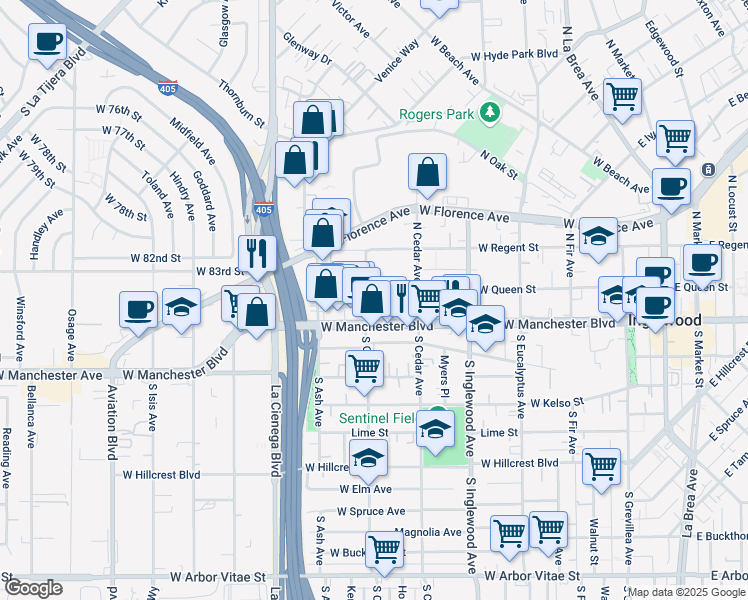 map of restaurants, bars, coffee shops, grocery stores, and more near in Inglewood