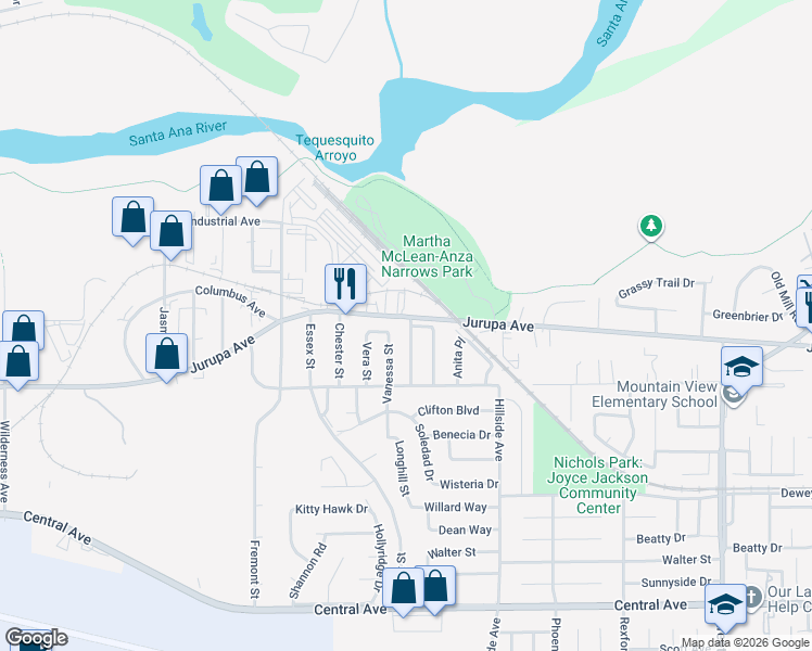 map of restaurants, bars, coffee shops, grocery stores, and more near 6009 Florence Street in Riverside