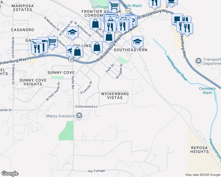map of restaurants, bars, coffee shops, grocery stores, and more near 60 South Monte Cristo Drive in Wickenburg
