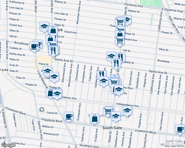 map of restaurants, bars, coffee shops, grocery stores, and more near 8133 Garden View Avenue in South Gate