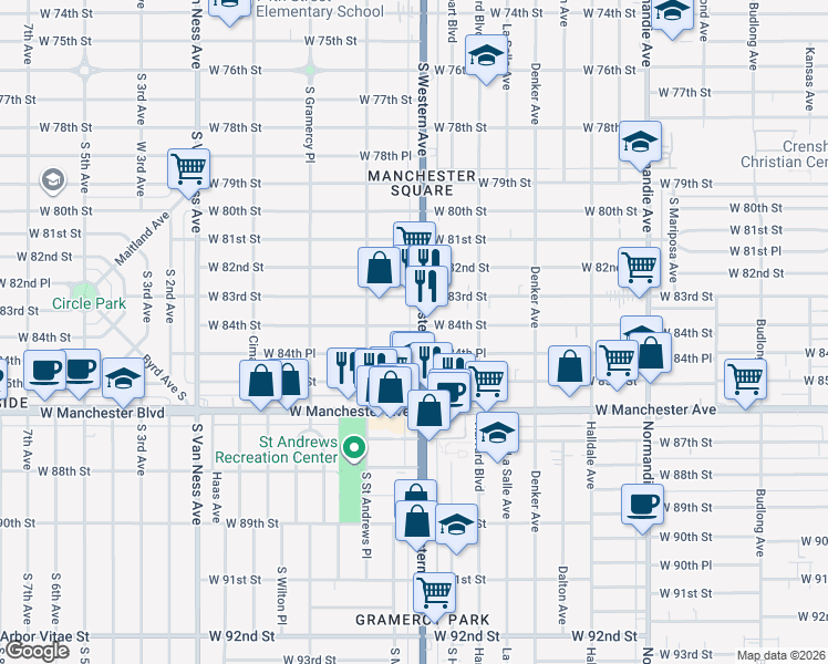 map of restaurants, bars, coffee shops, grocery stores, and more near 1815 West 84th Street in Los Angeles
